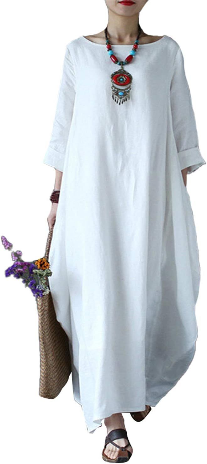 Celmia Autumn Solid Loose Long Maxi Dress Cotton Caftan | Amazon (US)