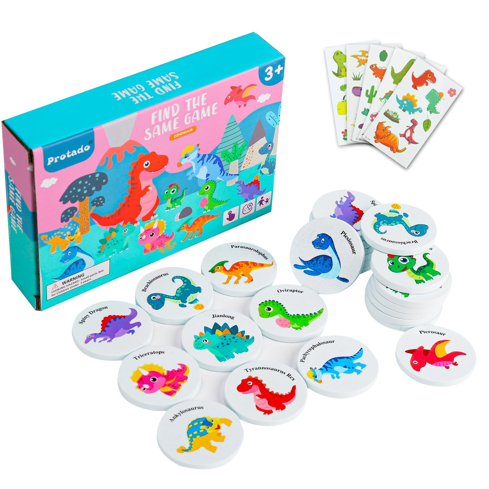 Wooden Match Memory Game for Kids, 24Pc Memory Matching Cards with 5Pc Tattoo Stickers, Educational Memory Matching Game (Special Dinosaur) | Amazon (US)