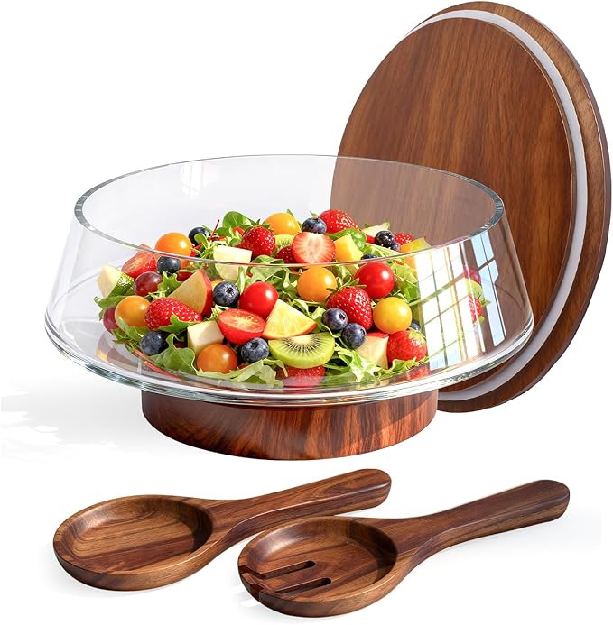 Extra Large Glass Salad Bowl with Lid Set, 5-Qt (160 fl oz) Mixing/Serving Bowl with Wood Base & ... | Amazon (US)