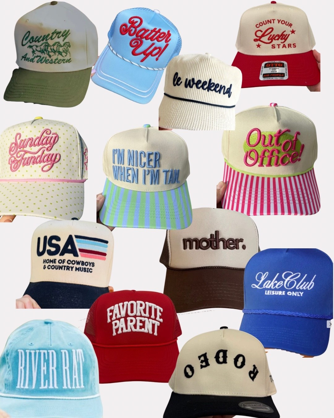 Hat season 
Trucker hats 
Two tone hats 
Striped hats 
Polka dot hats 

#LTKOver40 #LTKMothersDay #LTKmomlife