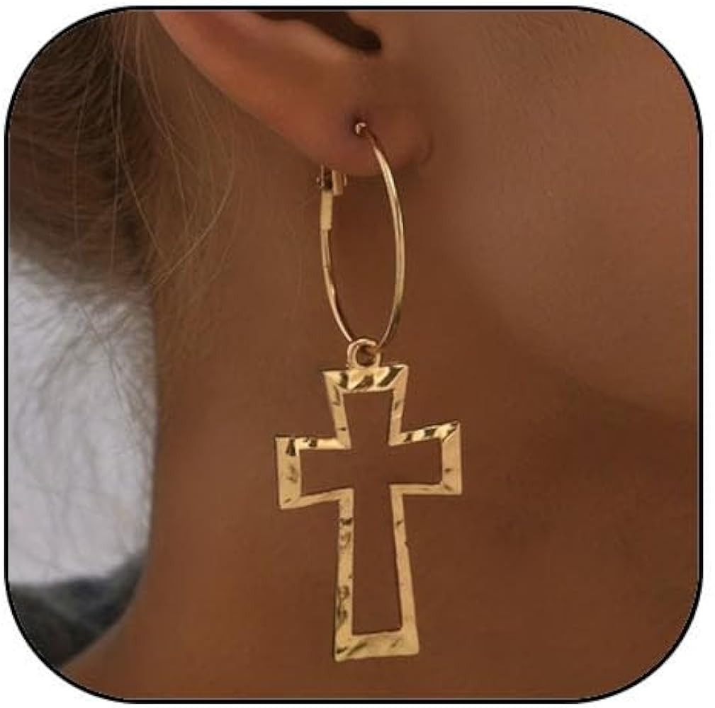 Chunky Gold Cross Earrings for Women Boho Hammered Earrings Bold Thick Big Cross Drop Dangle Earr... | Amazon (US)