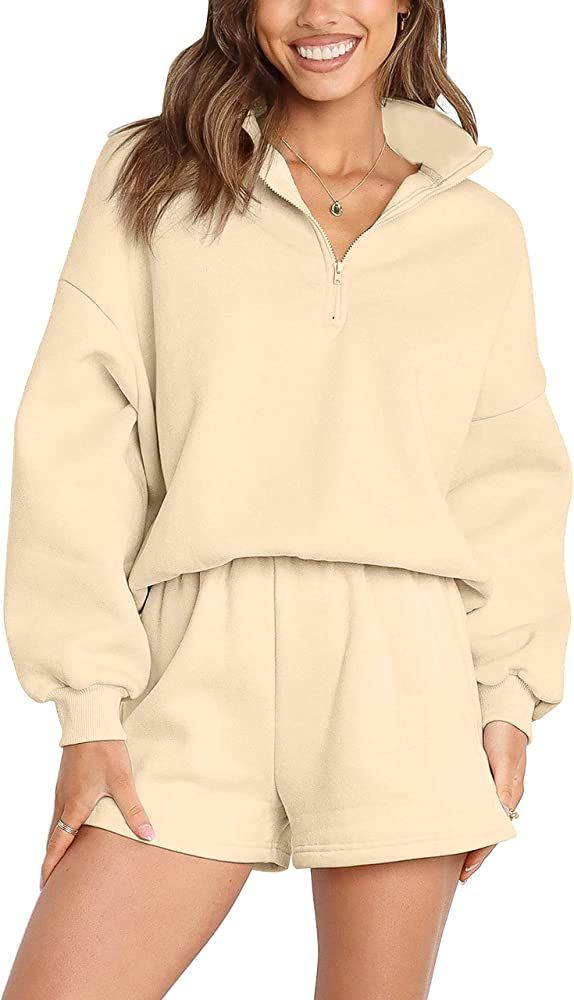 MEROKEETY Women's 2024 Fall Oversized 2 Piece Lounge Sets Long Sleeve Zipper Shorts Sweatsuit Out... | Amazon (US)
