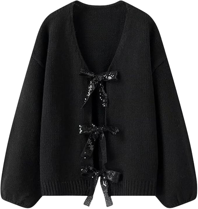 Women's Cardigan Sweater Sparkle Sequin Bow Tie Front V Neck Long Sleeve Chunky Knit Coats Fall W... | Amazon (US)