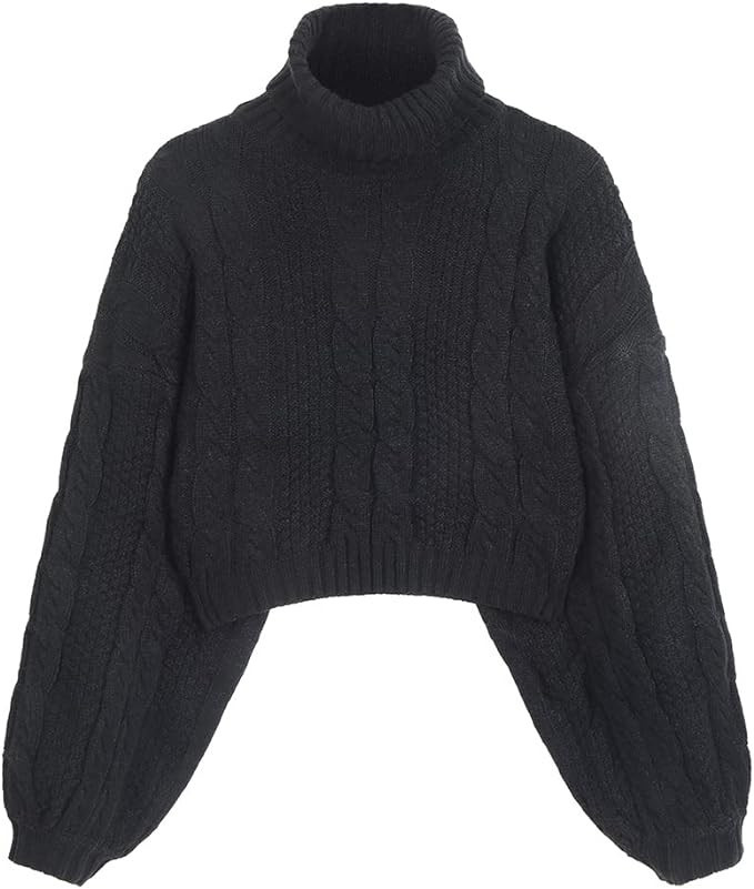 ZAFUL Women's Cropped Turtleneck Sweater Lantern Sleeve Ribbed Knit Pullover Sweater Jumper | Amazon (US)