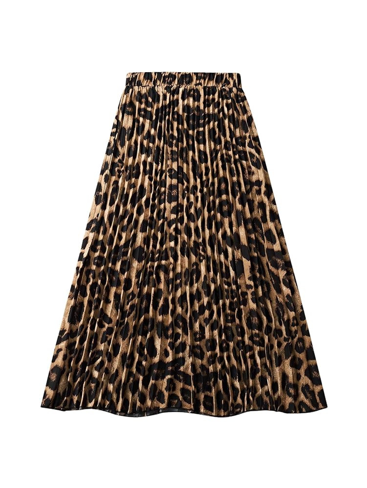 Milumia Women's Leopard Print Elastic High Waist Pleated A Line Long Skirts | Amazon (US)