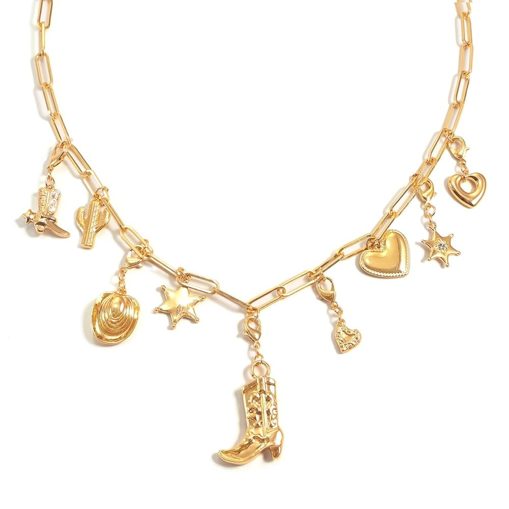 Charm Necklace for Women Chunky Gold Plated Paperclip Chain Amulet Evil Eye Jewelry Safety Pin Ne... | Amazon (US)