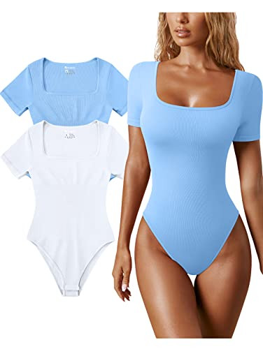 OQQ Women's 2 Piece Bodysuits Sexy Ribbed One Piece Square Neck Short Sleeve Bodysuits Candyblue White | Amazon (US)