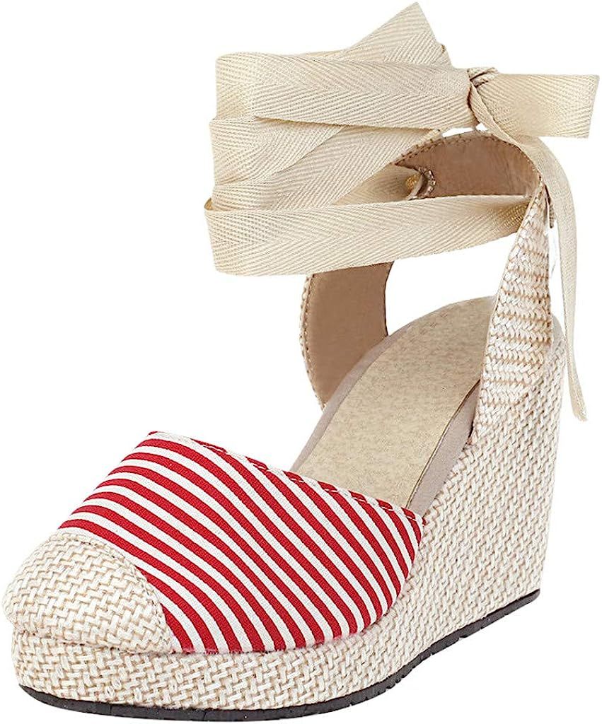 Tie Leg Wedge Sandals for Women,Summer Lace up Espadrille Closed Toe Platform Shoes Cutout Ankle ... | Amazon (US)