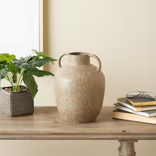 Litton Lane 12 in. Brown Antique Inspired Metal Amphora Decorative Vase with Handles 047472 - The... | The Home Depot