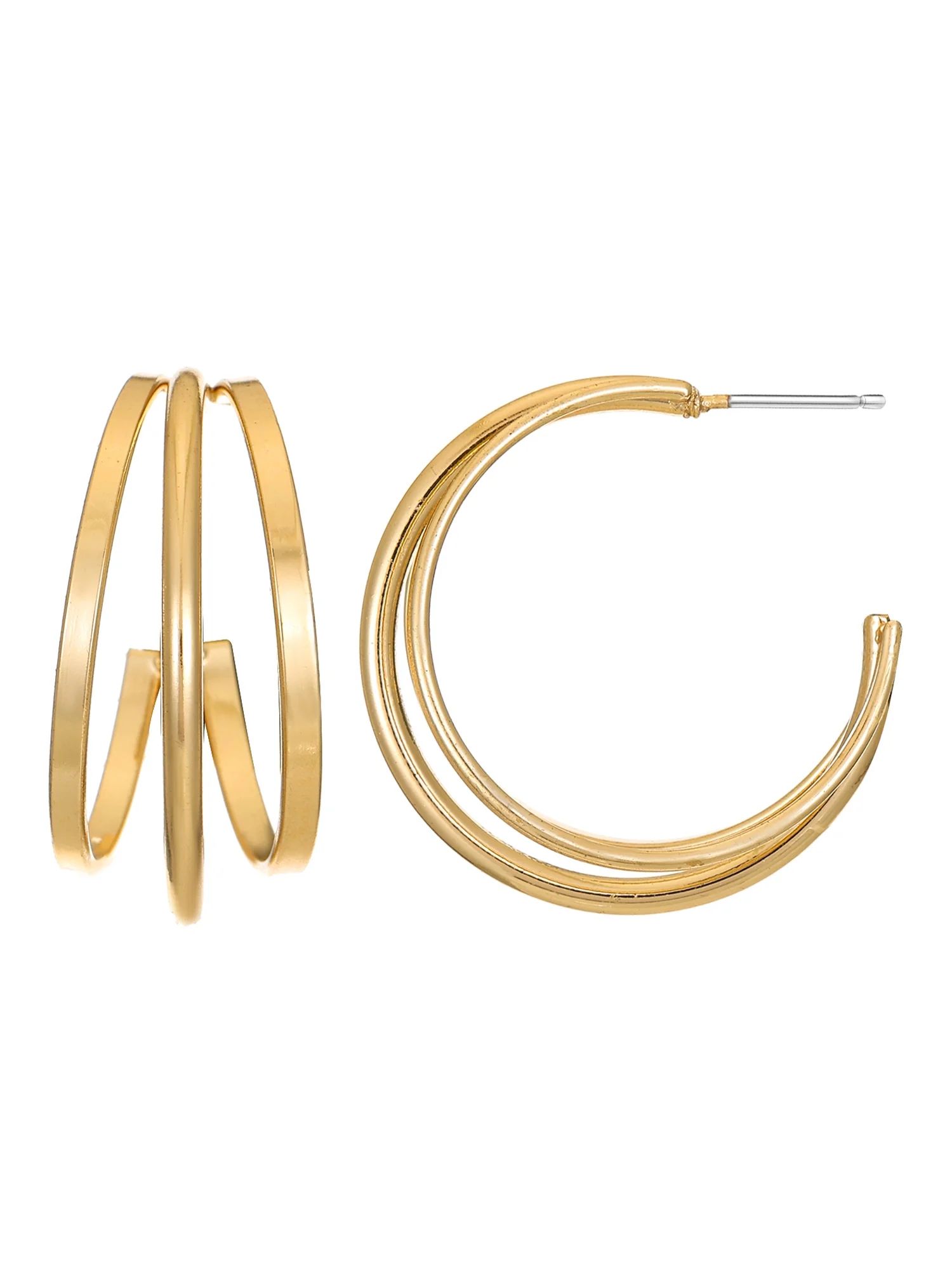 Time and Tru Triple Layer Gold Hoops for Women, Polished Gold - Walmart.com | Walmart (US)