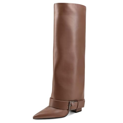 GPXGPX Knee High Boots Women Fold Over Chunky High Heel Wide Calf Pointed Toe Boots Belt Buckle Fall Long Boot for Women,Brown,Size 7.5 | Amazon (US)