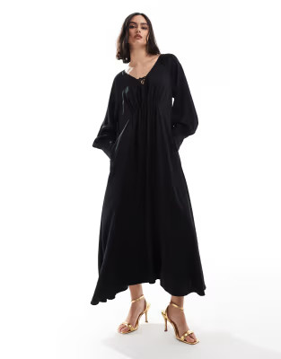 & Other Stories maxi dress with tie front v-neckline and long sleeves in black | ASOS (Global)