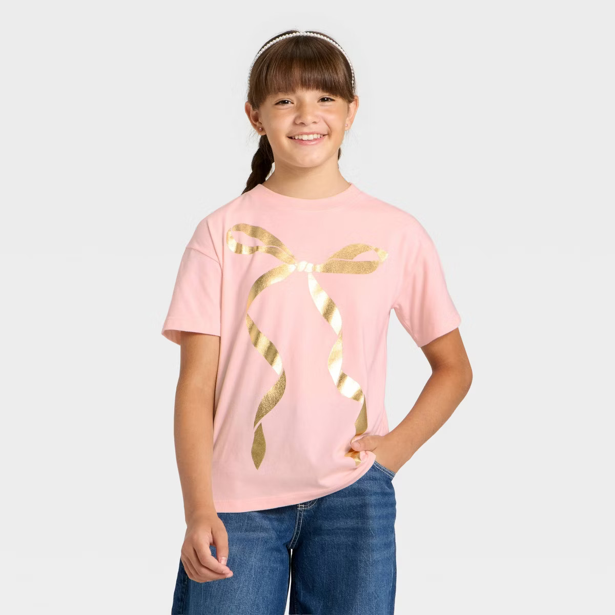 Girls' Short Sleeve Bow Oversized Graphic T-Shirt - Cat & Jack™ Light Pink | Target