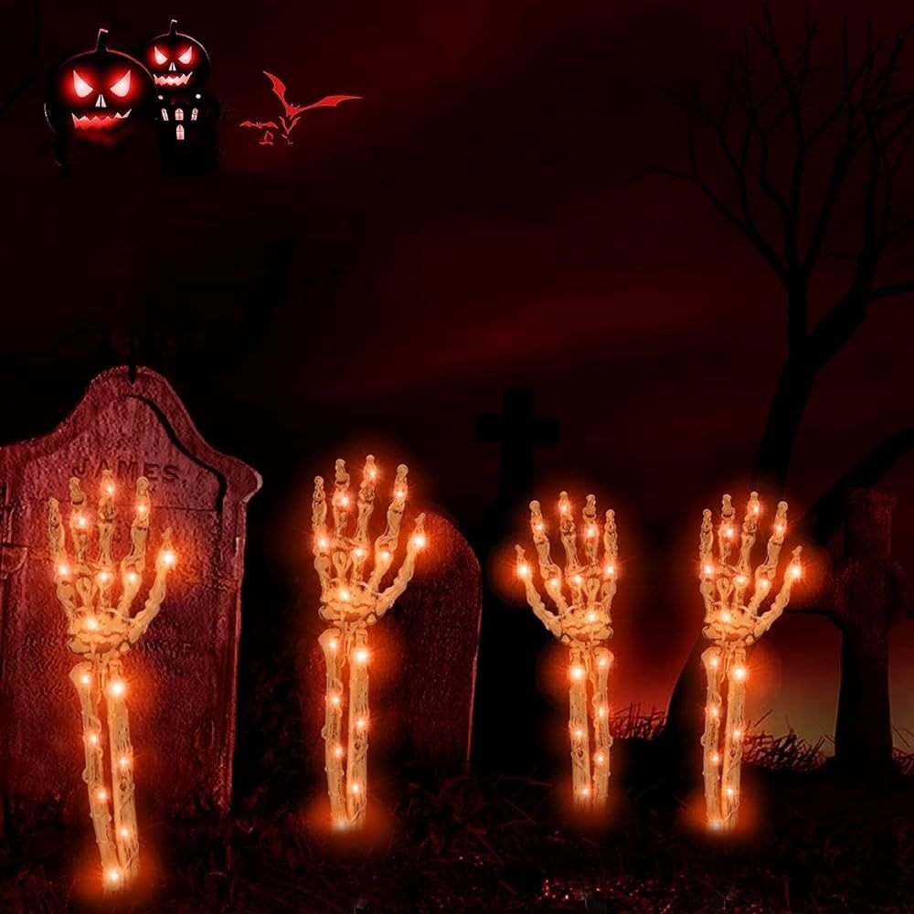 Halloween Decorations Outdoor, 4 Pack Light Up Skeleton Arm Decorations, 100 LED Purple & Orange ... | Amazon (US)