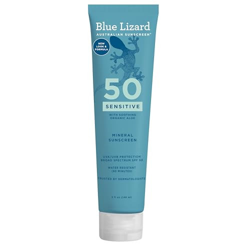 BLUE LIZARD Sensitive Mineral Sunscreen with Zinc Oxide 50+ Water Resistant UVAUVB Protection with Smart Cap Technology Fragrance Free, Sensitve, SPF 50 - - Tube, Unscented, 5 Fl Oz | Amazon (US)