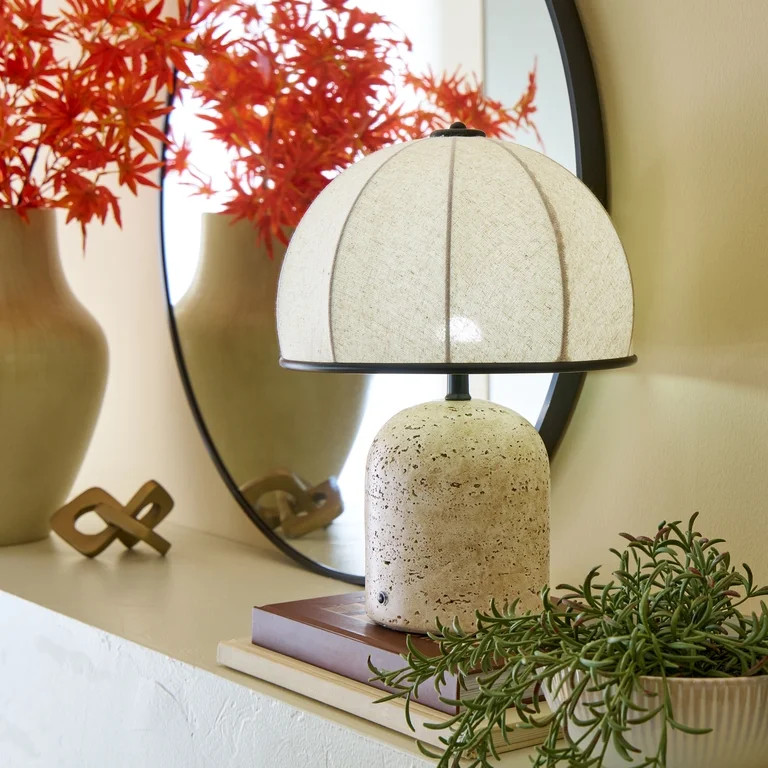 Better Homes & Gardens Rechargeable 14 in Stone Gourd Table Lamp with Fabric Dome Shade | Walmart (US)