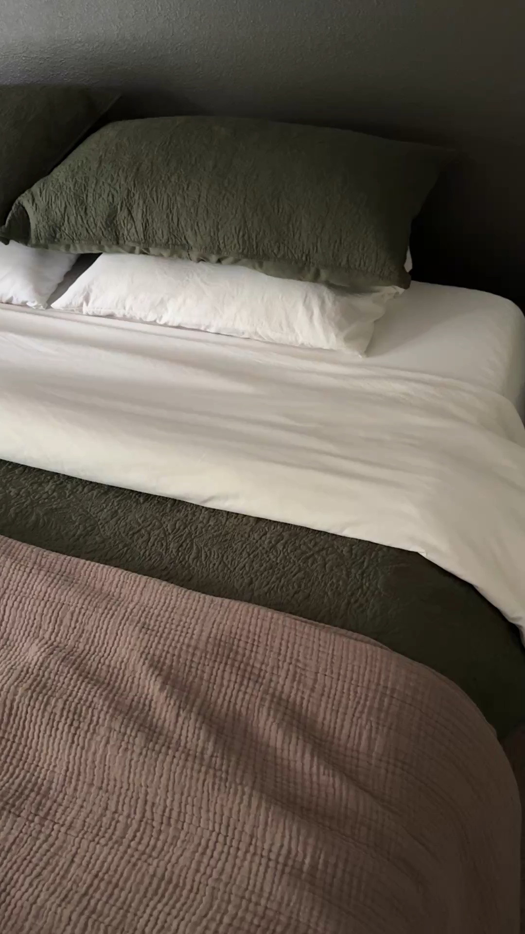 Bedding refresh. Dark olive green quilt with subtle floral stitching. Perfect for every season! Mocha brown muslin blanket for an extra layer of warm. Bedroom. Sheets. Duvet.

#LTKmorningroutine #LTKSeasonal #LTKHome
