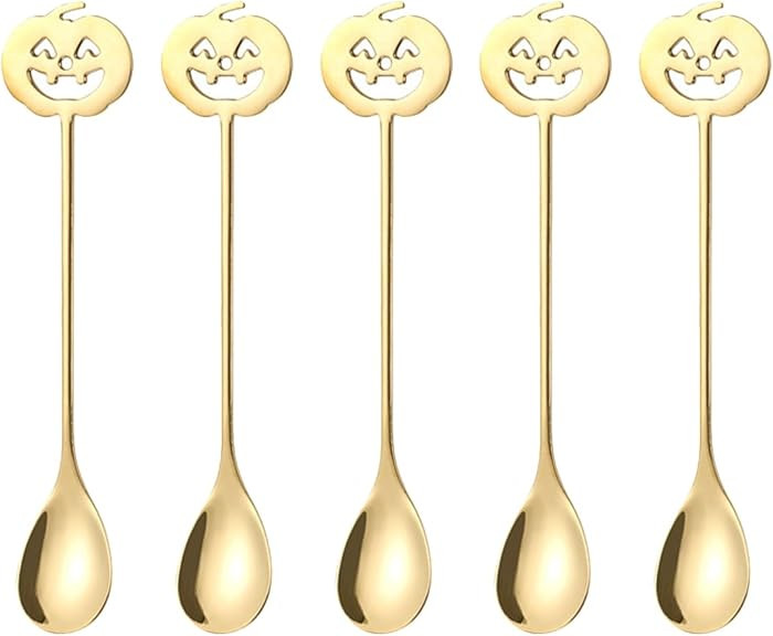 Garneck 5pcs Pumpkin Shaped Spoons Halloween Serving Spoons 5.9 Inch Tea Coffee Stir Kitchen Silverware Utensils for Halloween Thanksgiving Day Party Decor Dessert Stainless Steel | Amazon (US)