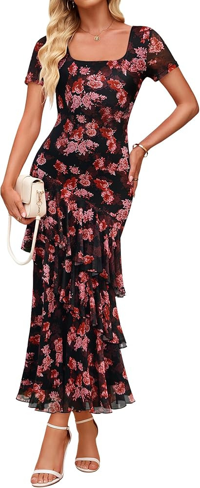 Amazon.com: ZESICA Women's Summer Floral Bodycon Maxi Dress 2026 Square Neck Mesh Ruffle Elegant ... | Amazon (US)