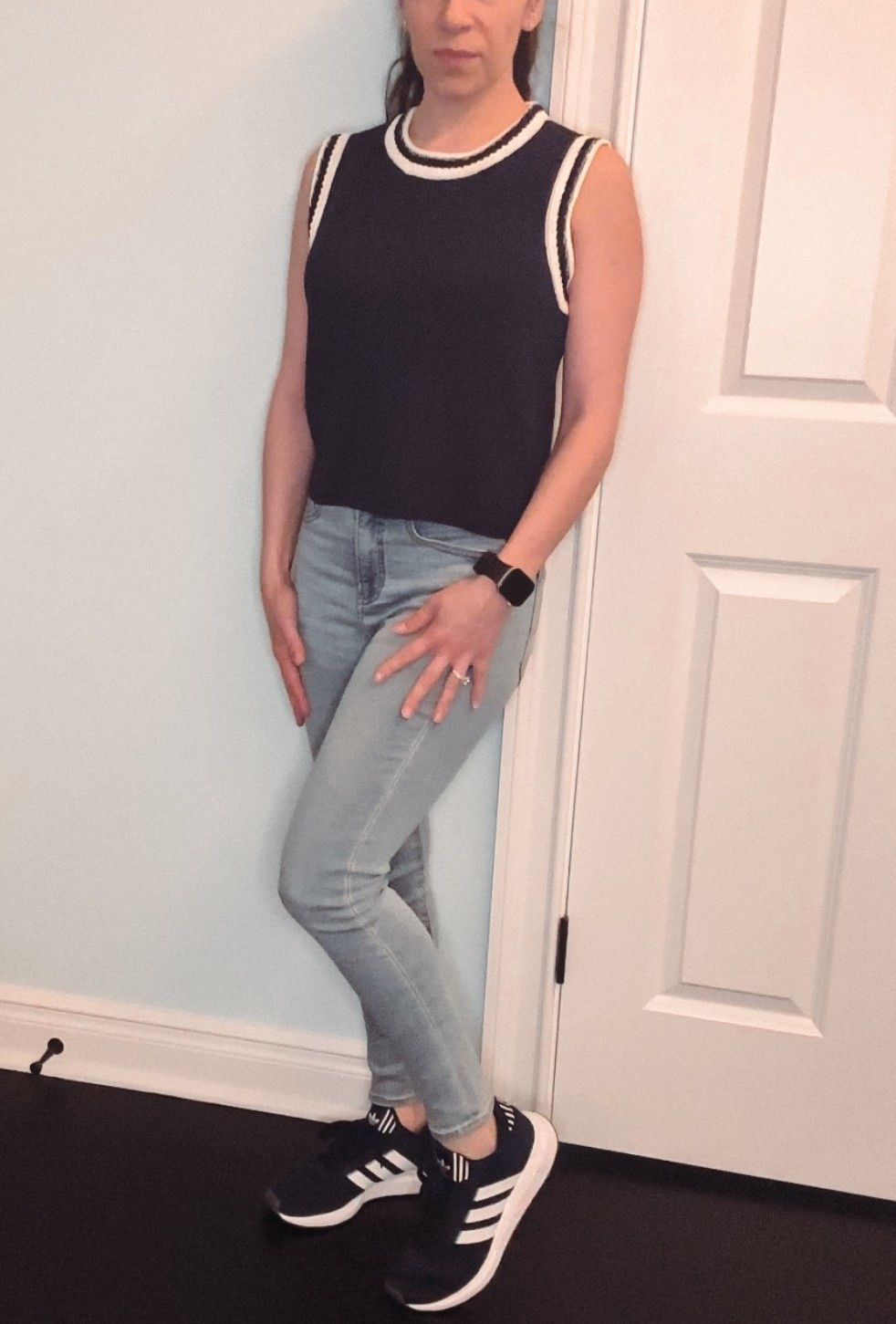 Navy blue vest tank from rag and bone with light wash high waisted jeans and navy adidas sneakers. Great spring look with a high quality but comfy top. On sale. I sized up to a small but could’ve done XS. 

#LTKPetite #LTKSeasonal #LTKSaleAlert