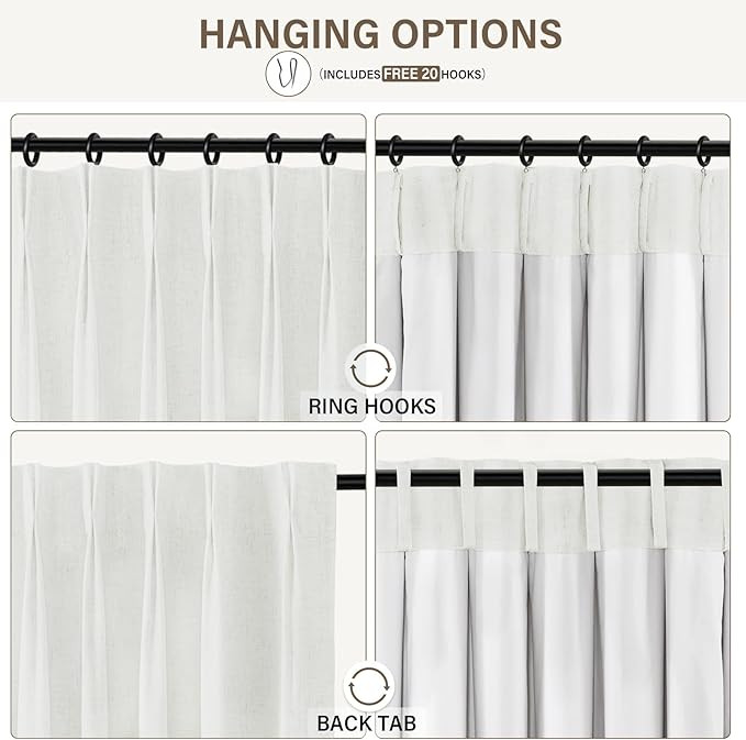 Pinch Pleated Blackout Curtains 108 Inch Long, Linen Blend, 100% Blackout Drapes with 20 Hooks, I... | Amazon (US)