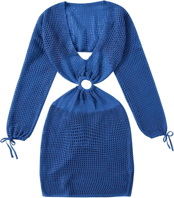 MakeMeChic Women's Crochet Cover Up Long Sleeve Knitted Swim Beach Cover Up Dress Swimwear | Amazon (US)