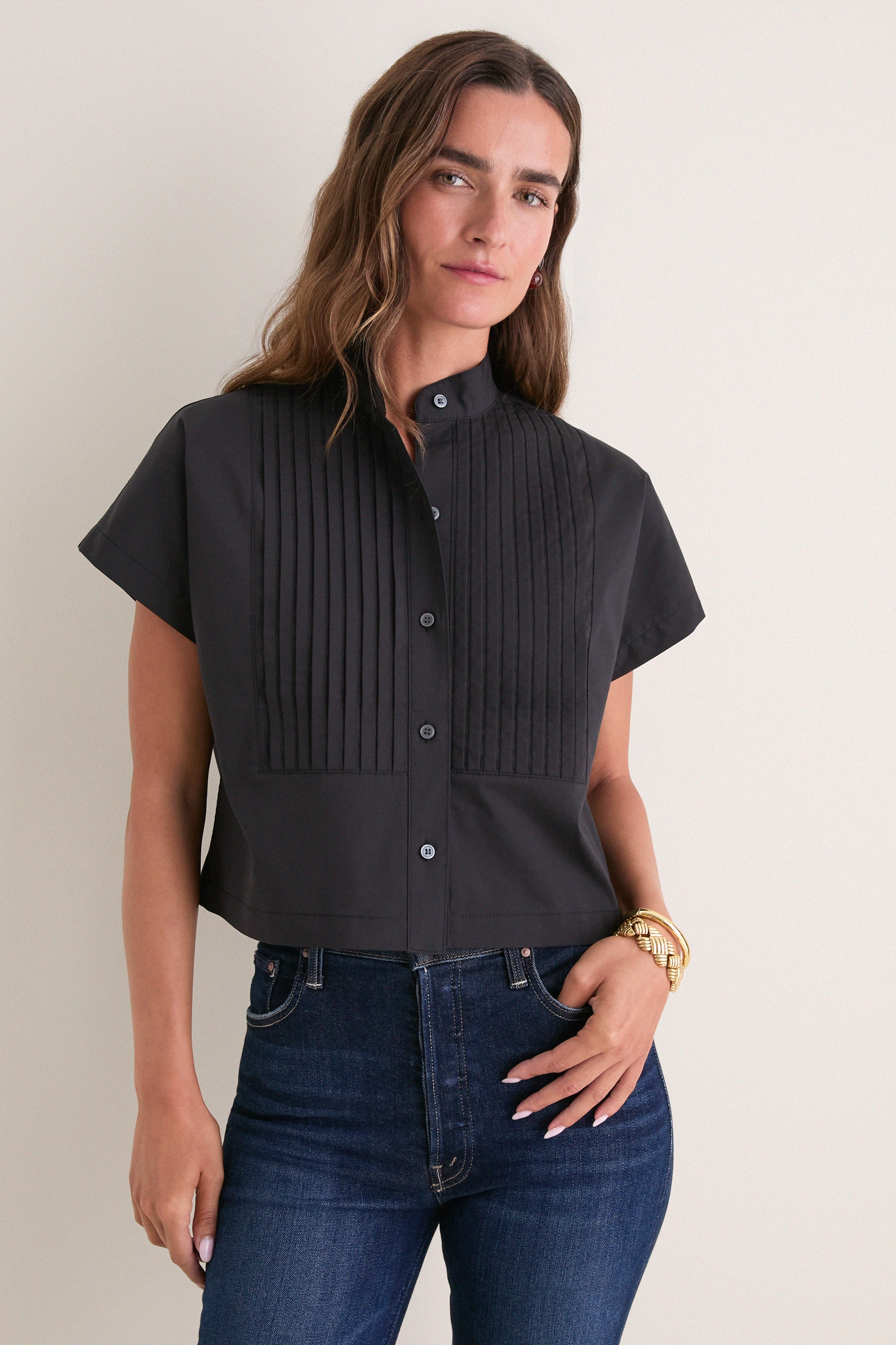 Black Cotton Poplin Pintuck Avery Shirt | Tuckernuck (US)