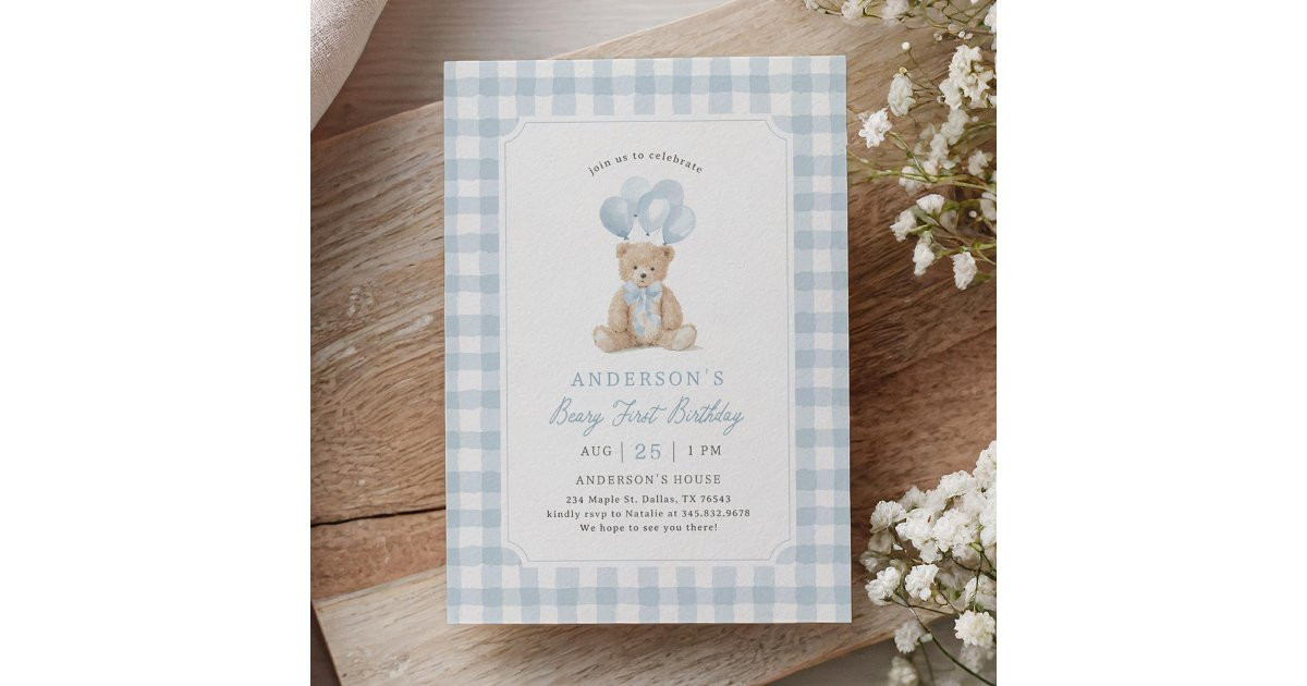 Blue Gingham Teddy Bear Beary First Birthday Invitation | Zazzle | Zazzle