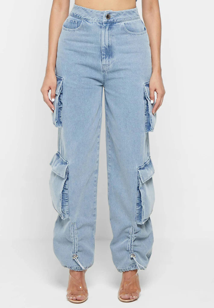Wide Leg Denim Cargo Jeans - Blue | Maniere De Voir