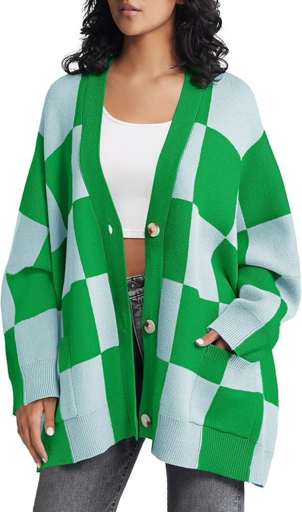 Saodimallsu Womens Checkered Sweater Color Block Plaid Oversized Cardigan Long Sleeve V Neck Butt... | Amazon (US)