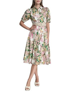 DKNY by Donna Karan Petite Size Woven Floral Print Short Puff Sleeve Belted Midi Shirt Dress | Dillard's