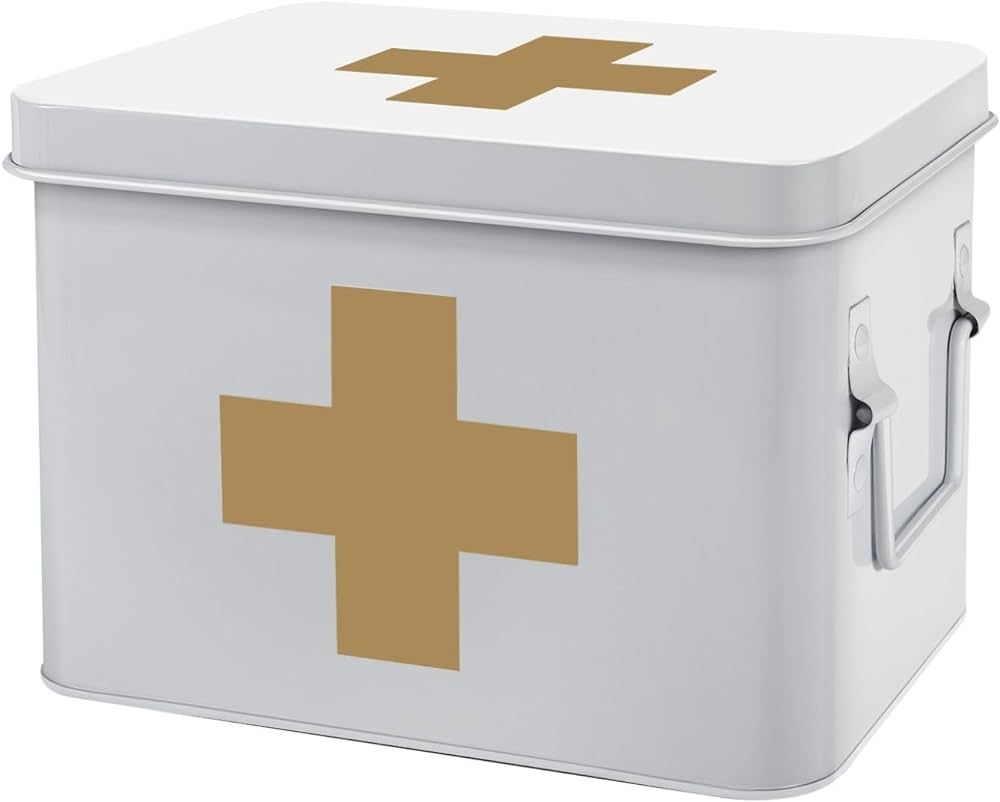 Flexzion First Aid Medicine Box Supplies Kit Organizer - Empty 8" White Metal Tin Medic Storage B... | Amazon (US)