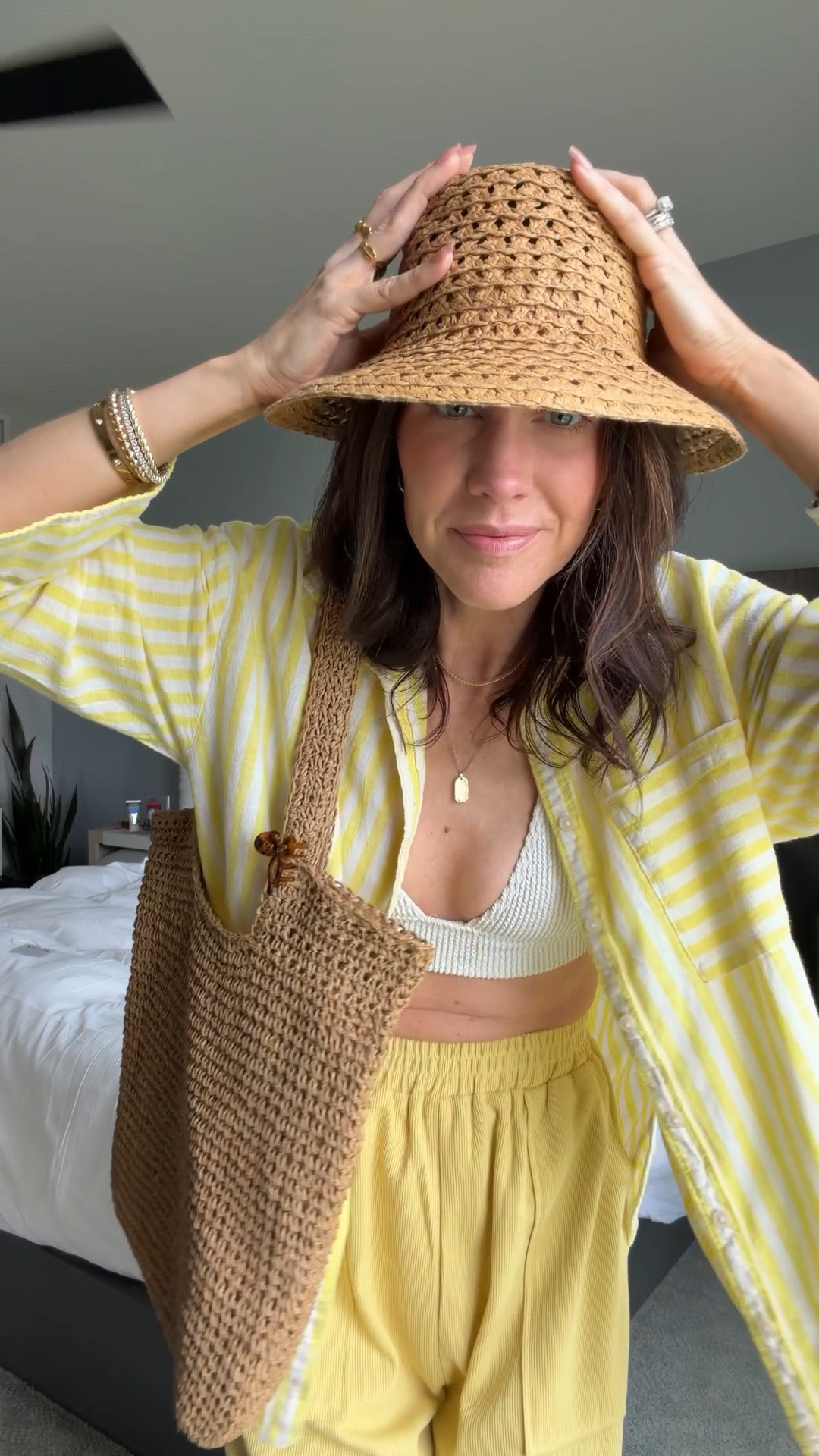 Today’s mix and matched pool set. Wearing a medium in the pants. I would say to size up if things usually run tight in the waist. The hat is available in two other colors but currently sold out in the one I have on. This bag and bathing suit have been staples since last year. The bathing suit top stretched a bit so you can probably size down.  

#LTKTravel #LTKSwim #LTKgrwm