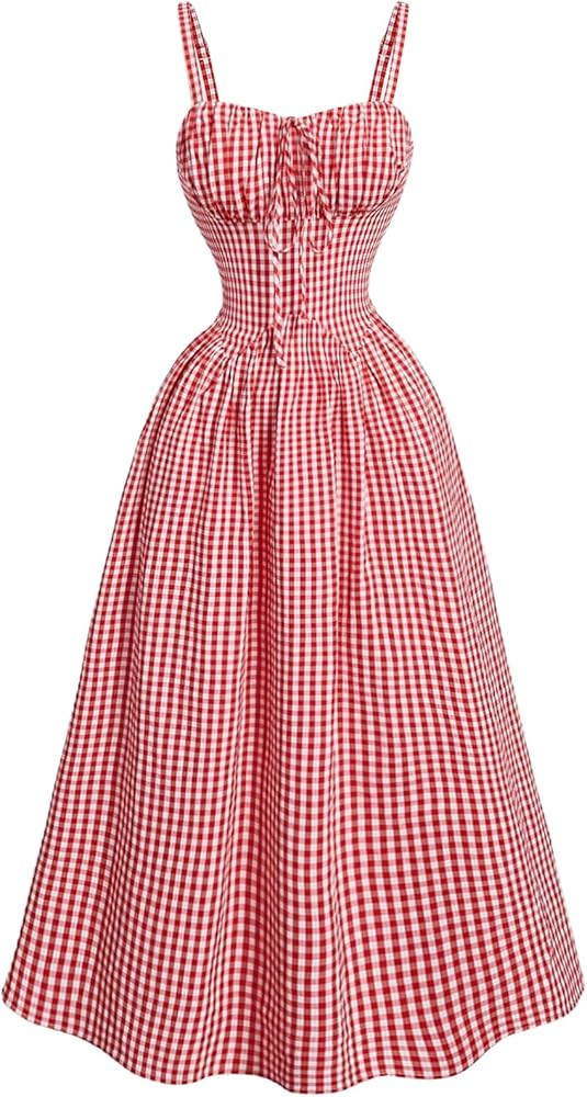 Milumia Women's Plaid Swing Dress Tie Front Spaghetti Strap High Waist Long Maxi Dresses | Amazon (US)