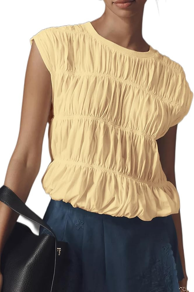 Womens Tiered Shirred Smocked Crop Tank Top Cap Sleeve Crew Neck Elastic Hem Y2K Going Out Blouse... | Amazon (US)
