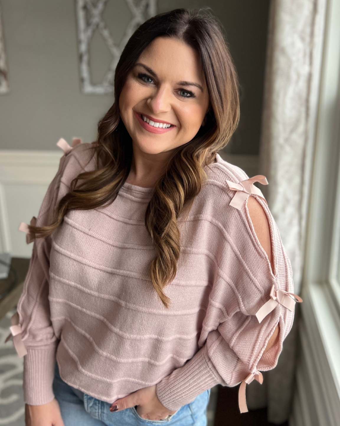 Amazon sweater. Amazon outfit. Affordable fashion. Pink sweater. Pink tie sleeve sweater. Bows. Pink bows. Valentine’s Day outfit Valentine’s Day ootd. 

#LTKmidsize #LTKstyletip #LTKsalealert