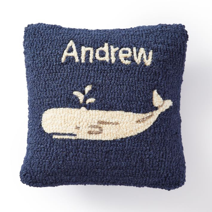 Hand Hooked Whale Pillow, 14x14, Navy | Mark and Graham