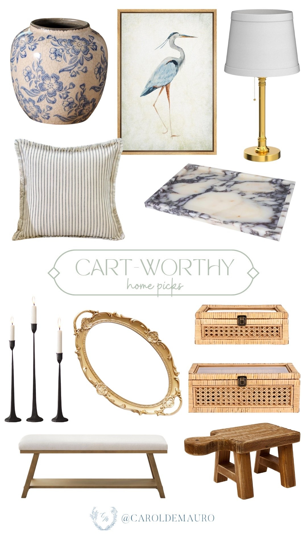 Your space deserves these cart-worthy finds: a blue floral jar, a heron art print, and a sophisticated marble tray. Add some texture and warmth with a striped fringed pillow, cane jewelry boxes, and a vintage-inspired gold ornate tray!

amazon home, modern vintage finds, decor inspo, interior decor, living room styling, entryway, affordable finds, table setting

#LTKSeasonal #LTKHome #LTKU