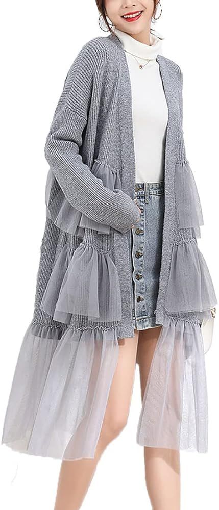 ONLYWOOD Women Sweet Tulle Layer Patchwork Knit Open Front Cardigan Sweater Long | Amazon (US)