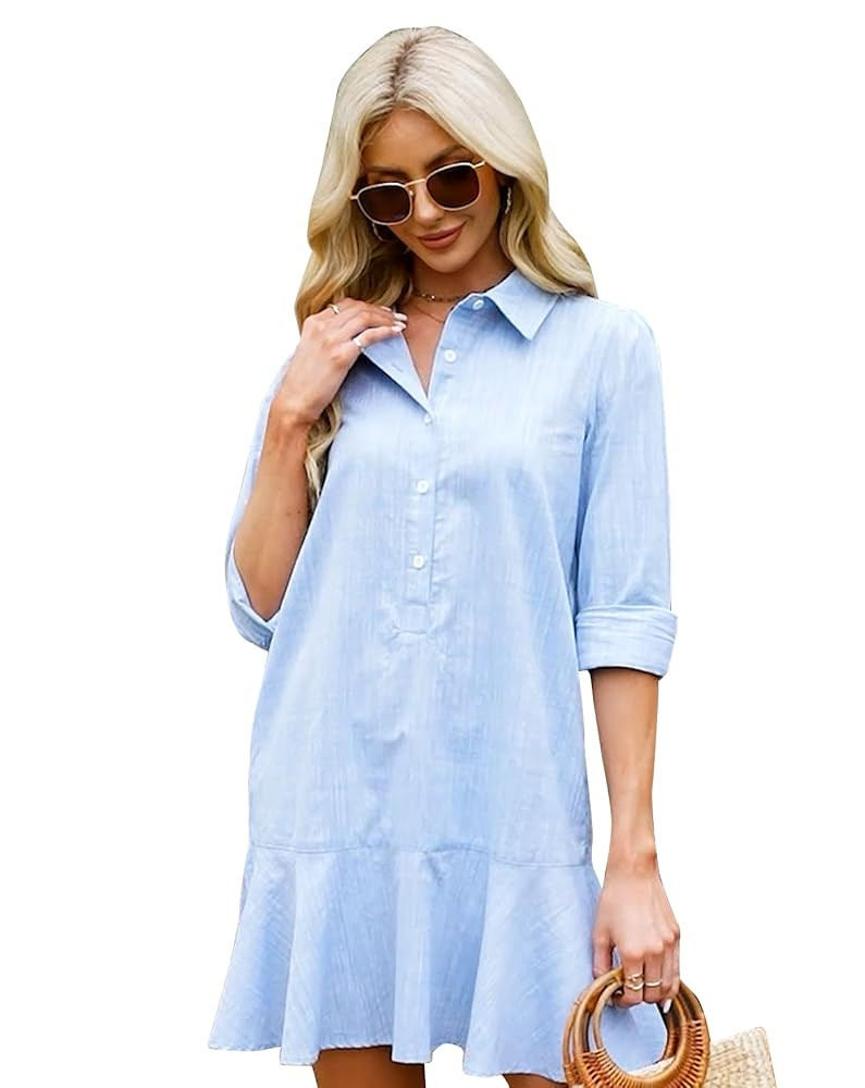 Women's Tunic Mini Shirt Dress Cotton Long Sleeve Ruffle Hem Dress Button Up Shift Chambray Dress... | Amazon (US)