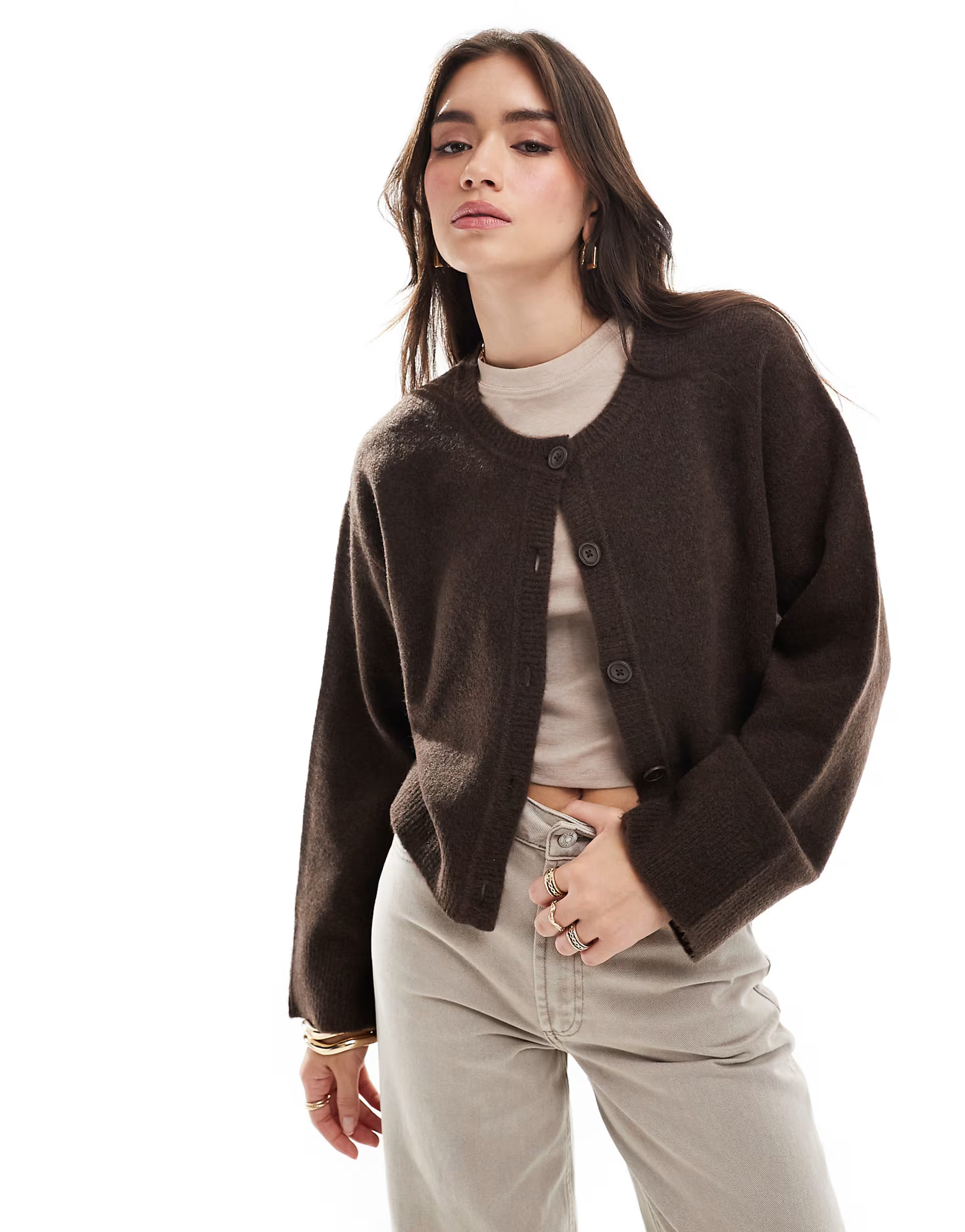 ASOS DESIGN crew neck cardigan in chocolate | ASOS (Global)