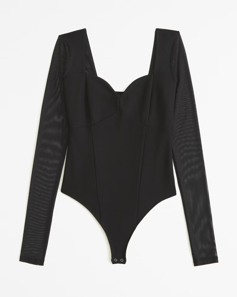 Women's Long-Sleeve Mesh Crepe Sweetheart Bodysuit | Women's Tops | Abercrombie.com | Abercrombie & Fitch (US)