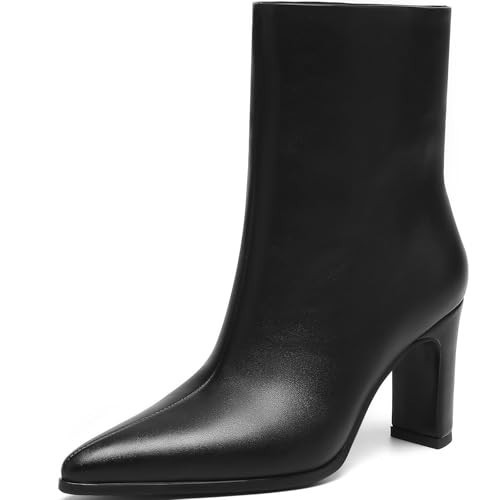 AIUNIIND Black heel booties, Black Ankle Boots for Women Dressy, Pull-On Smooth Faux Leather Dress Boots, Fashion Fall boots for Women Size 6.5 | Amazon (US)