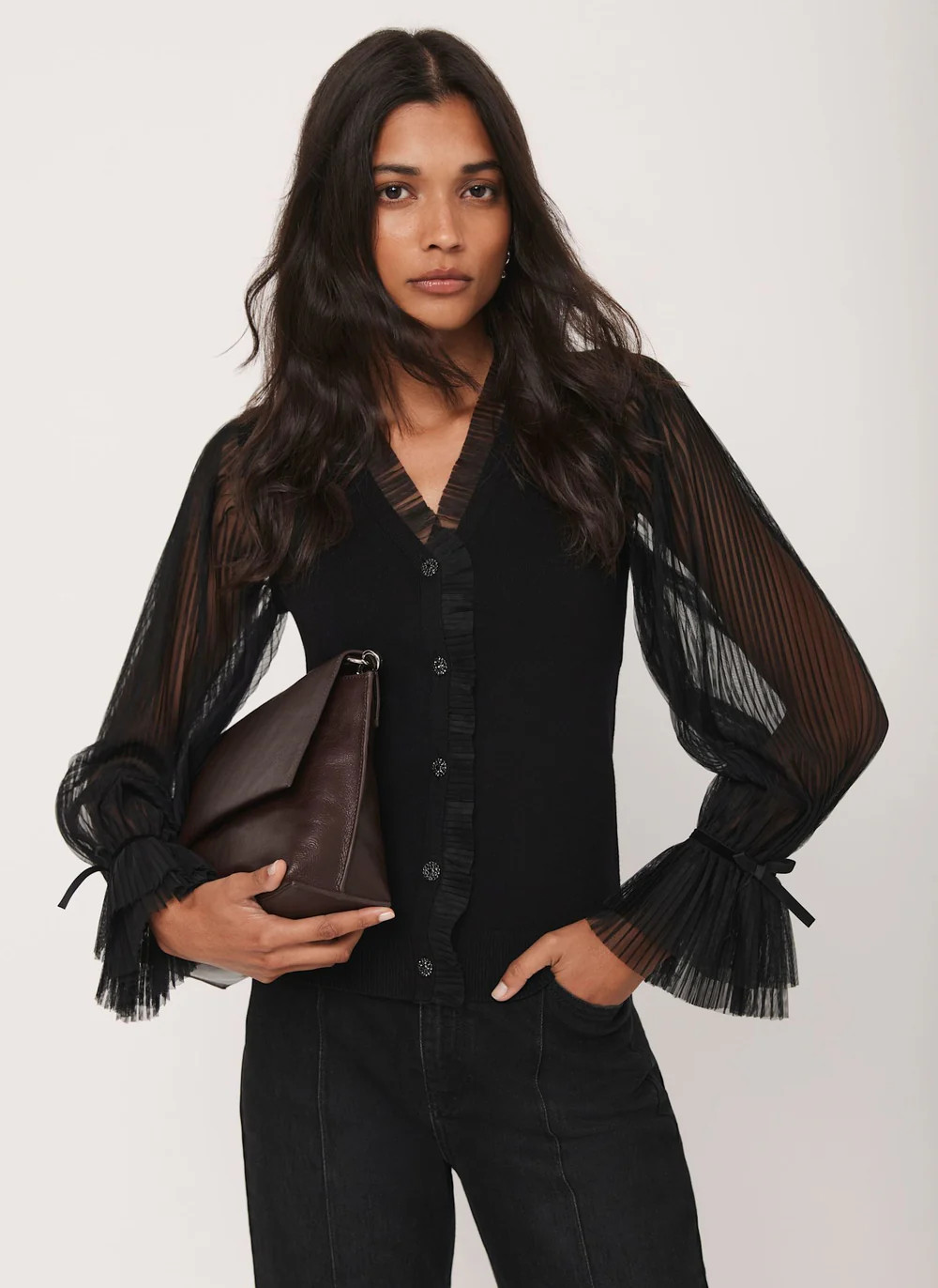 Black Tulle Sleeve Cardigan | Mint Velvet