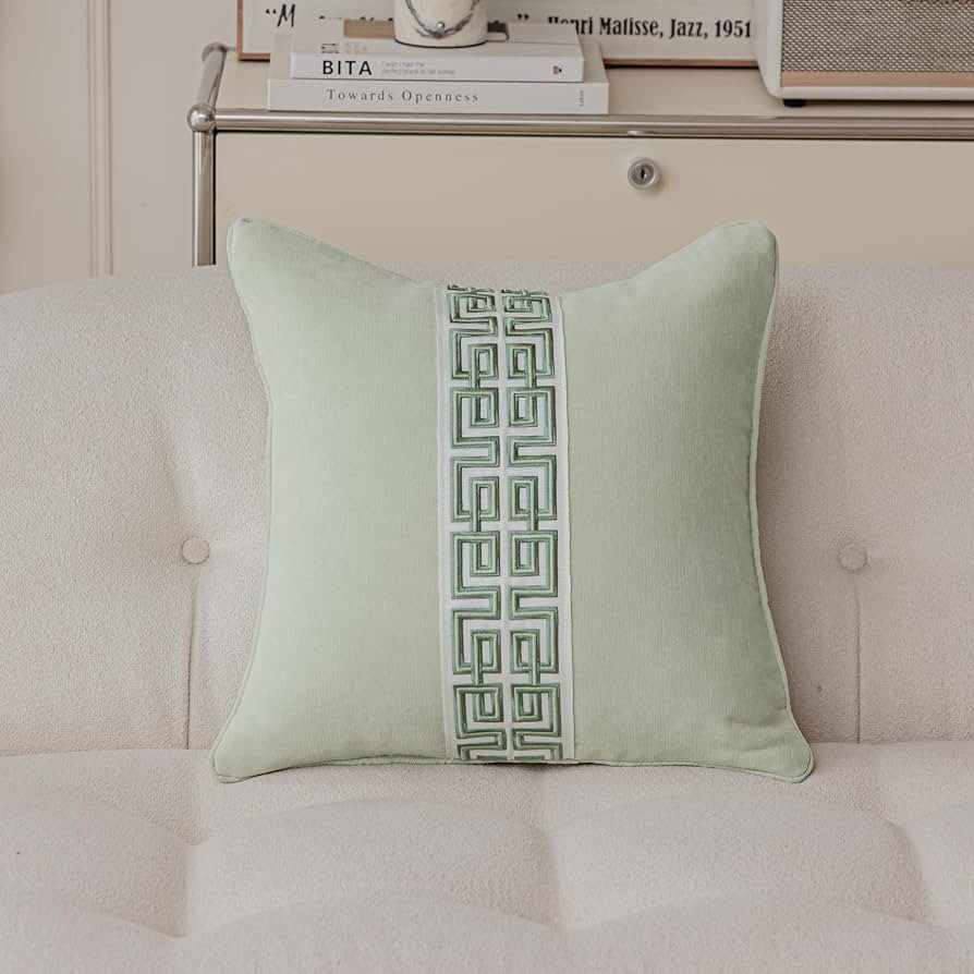 Mint Green Velvet Pillow Cover, Cotton Blend Decorative Couch Pillow Case with Greek Key Embroide... | Amazon (US)
