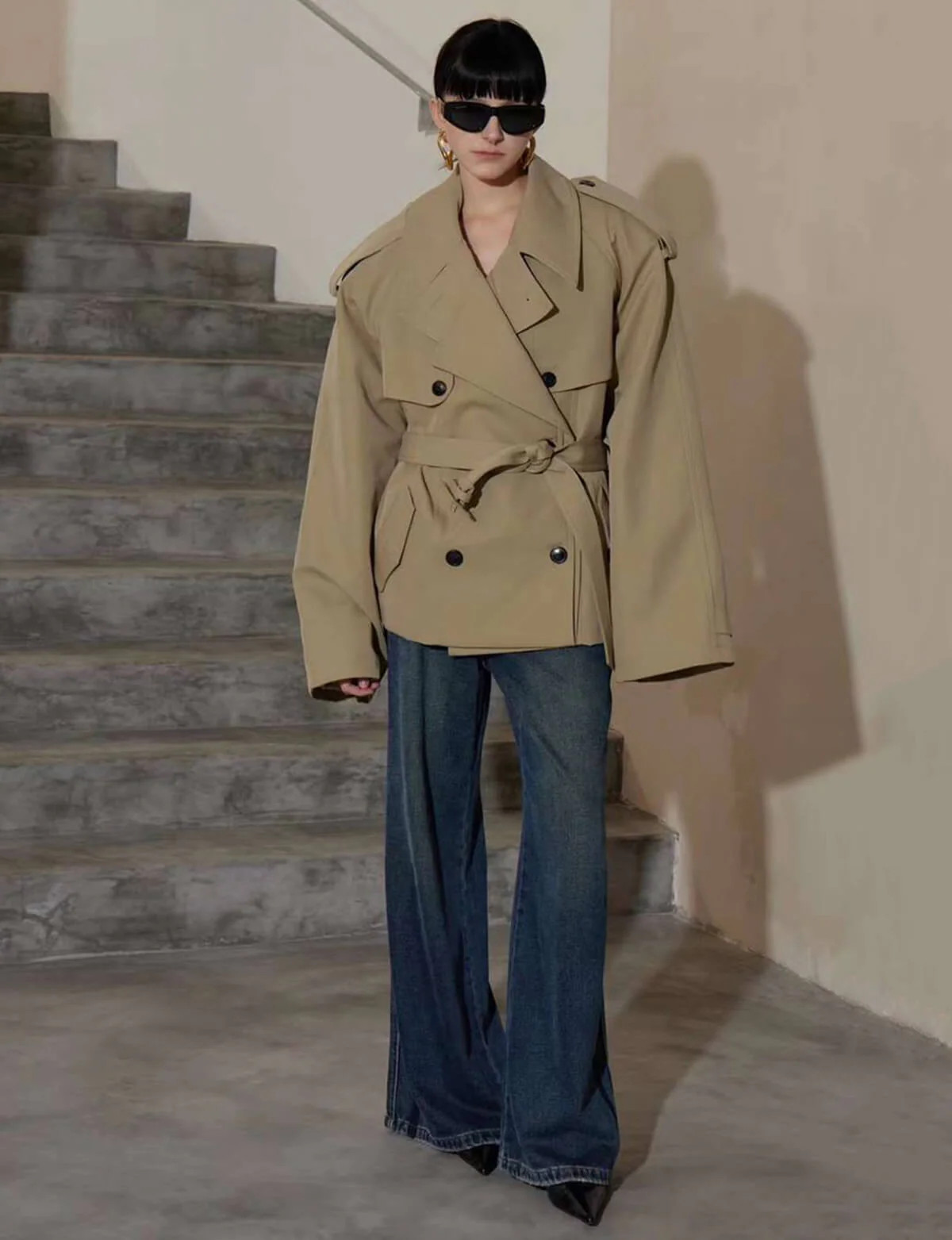 Oversized Cropped Twill Trench Coat | Pixie Market