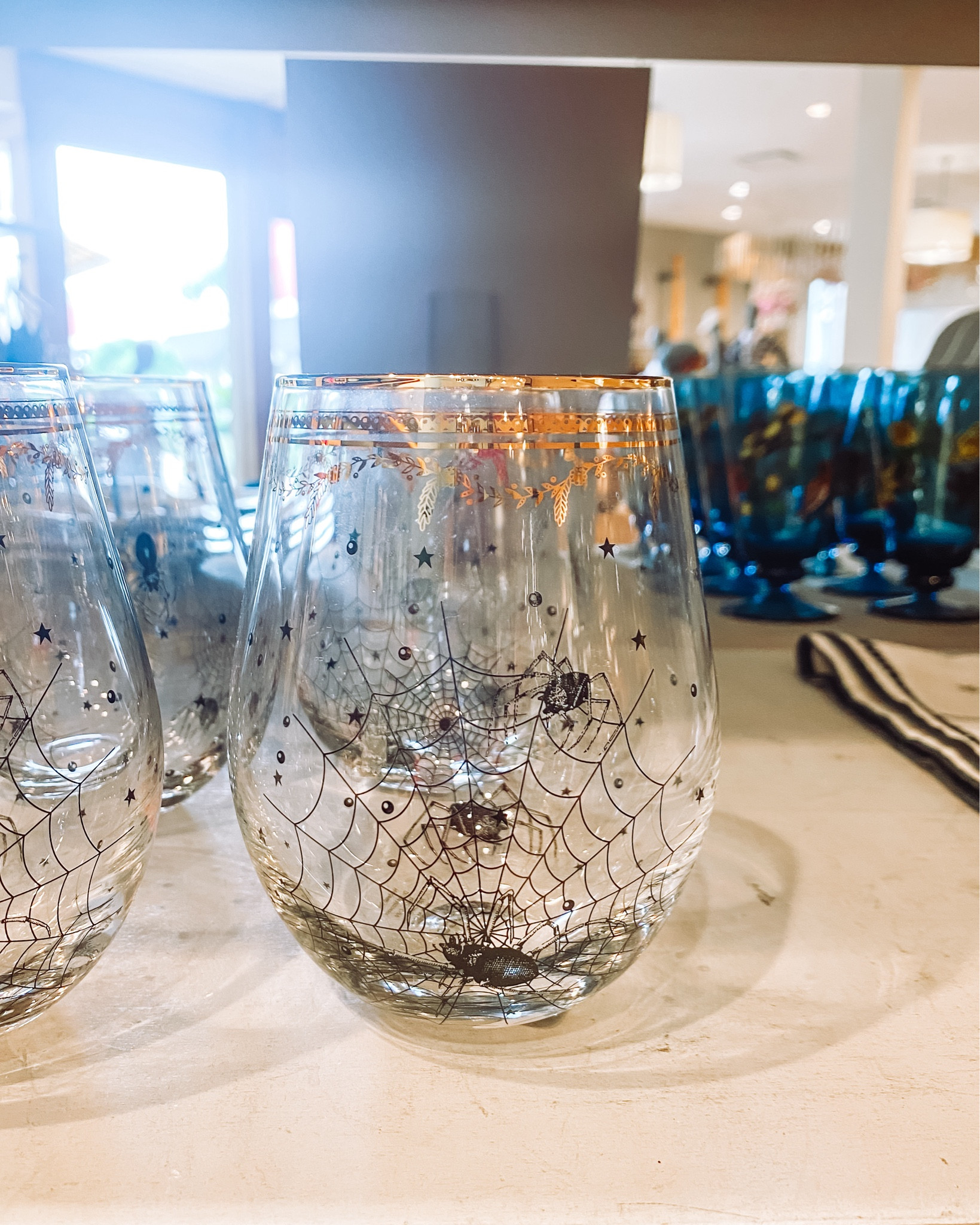 Super cute Halloween spider and web stemless wine glasses with gold foil rim. Love!

#LTKSeasonal #LTKHome #LTKFindsUnder50
