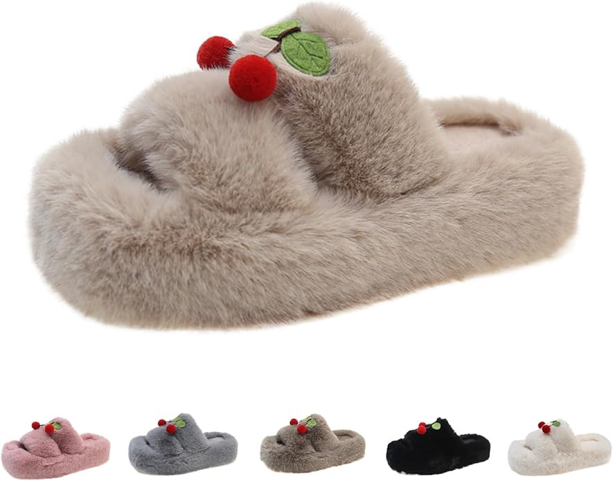Plush Slippers - Cute Chic Hundred Pretty Platform Slippers,Open Toe,Non-slip Women's Fluffy Slip... | Amazon (US)