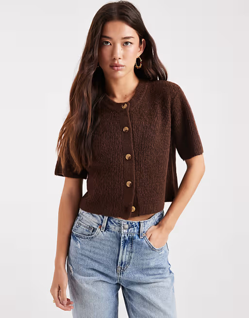 Brave Soul crew neck knit short sleeve cardigan in chocolate brown | ASOS (Global)