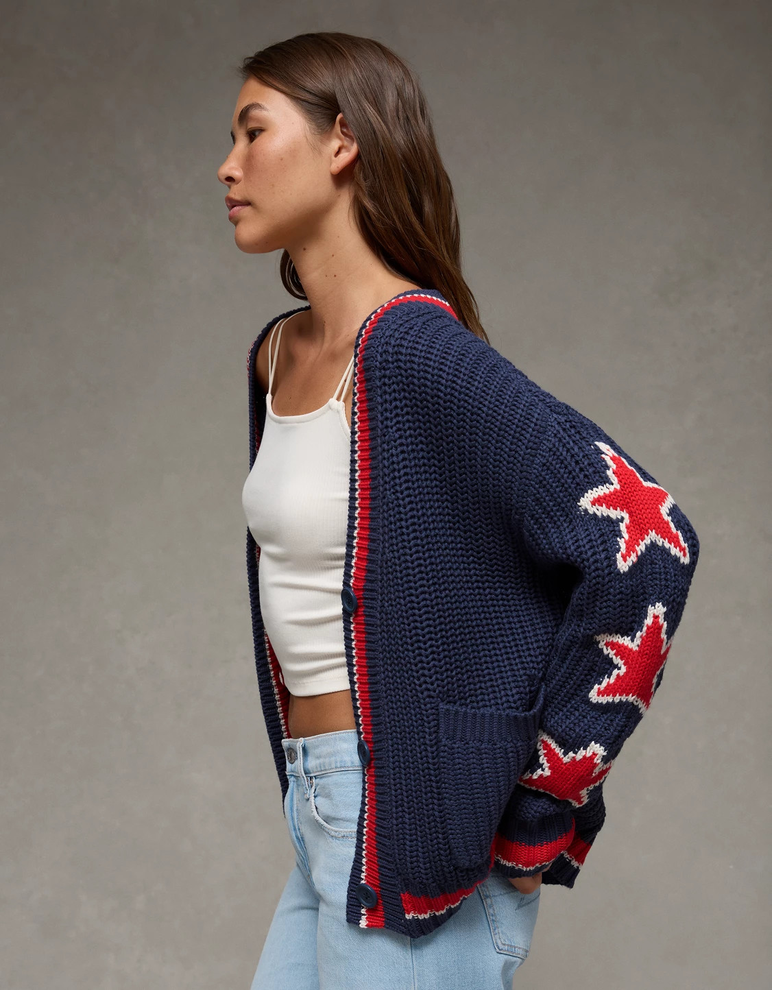AE Oversized Star Graphic Cardigan Sweater | American Eagle Outfitters (US & CA)
